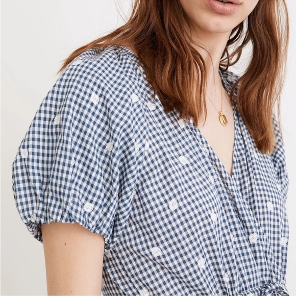 Madewell Faux Wrap Embroidered Gingham Check in preppy Navy Midi Dress Tie Waist - Picture 4 of 16